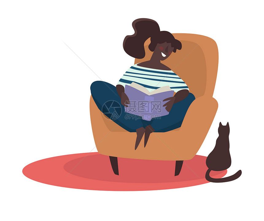 非洲妇女在家里的椅子上看书 图片