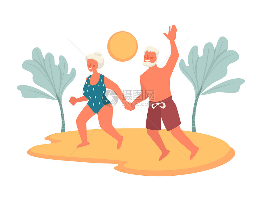 老年夫妇穿着泳衣在沙滩上享受时光图片