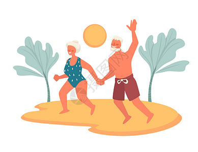 老年夫妇穿着泳衣在沙滩上享受时光图片