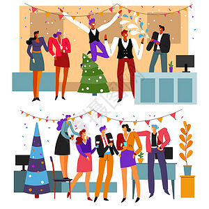 商业界人士庆祝圣诞快乐和新年办公室党矢与香槟共舞和玩乐的积极同事圣诞节树和园林男人女庆祝办公室党庆企业人士喝香槟背景图片