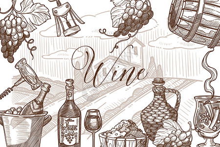 葡萄酒瓶眼镜贺卡菜单餐厅贵重设计葡萄画框矢量标语模板设计背景图片