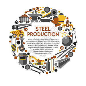 金属产品钢铁生或冶金工业作具孤立的图标矢量卡车和挖土机熔化装置械爪和焊接面罩铁锤和扳手金属产品和工作具背景图片
