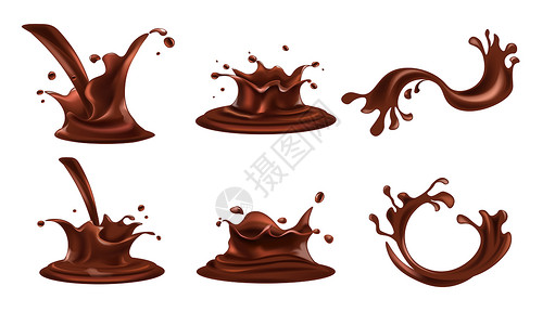 液体巧克力巧克力花可饮料咖啡棕色浓液喷洒浇灌溢出运动现实设计饮料滴水旋转模拟产品广告和营销矢量巧克力饮料喷洒和流出以现实方式设置插画