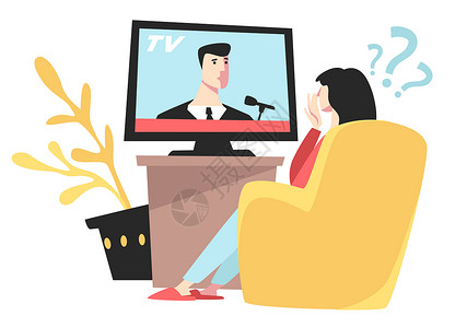 坐在椅子的人坐在椅子上观看电视新闻的妇女卡通矢量插画插画