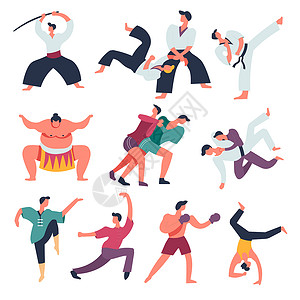 埃拉弗斯东方与艺术搏斗的孤立人物与运动员战斗的媒介Iaido和Aikidotiekwondo和SumoSambo和Judo功夫和柔道武术插画