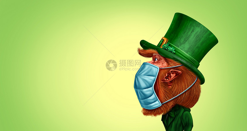 健康圣帕特里克日作为戴面罩的Leprechaun人或圣帕特里克斯春季庆祝活动作为爱尔兰季节主题横幅配有3D插图图片