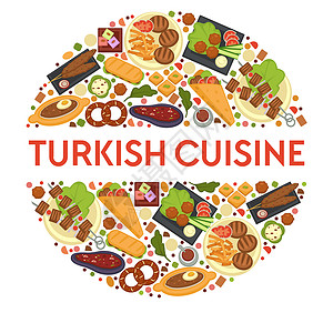 科夫旅游土耳其烹饪和菜盘食谱矢量土耳其厨房Shashlik或bbq牛排和薯条甜饼或烤面包三明治配有沙拉的肉丸面包制品和肉土耳其烹饪餐插画