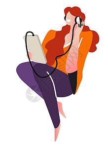 赤脚女人女孩用智能手机和耳孤立的格矢量美乐或歌曲演奏电子装置和小工具铁丝耳机听音乐的女孩耳机的和智能手的音乐听小器女孩音乐女孩音乐插画