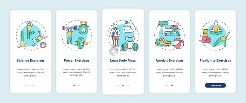 带概念的移动应用程序页面屏幕上的练习健身训有氧健身锻炼体健康通过五步图形说明配有RGB颜色插图的UI矢量模板图片