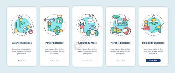挨训带概念的移动应用程序页面屏幕上的练习健身训有氧健身锻炼体健康通过五步图形说明配有RGB颜色插图的UI矢量模板插画