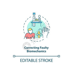 校正有缺陷的生物机械概念图标使用治疗师进行物理康复Kinesilogy治疗概念细线插图矢量孤立大纲RGB颜色绘图可编辑中风纠正有背景图片