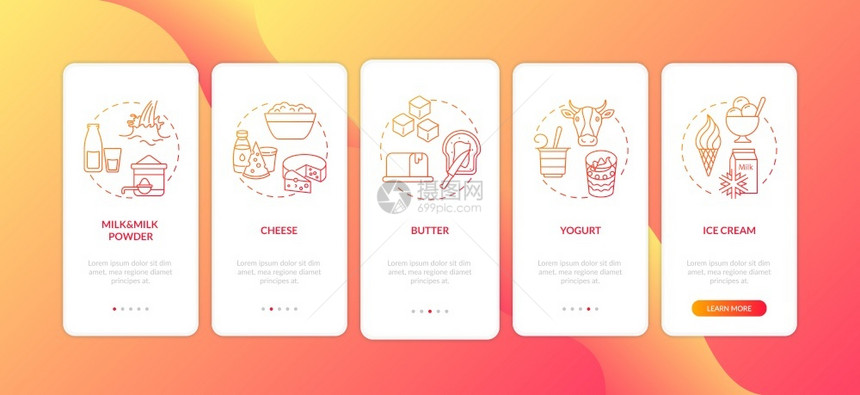 装有概念的牛奶产品红装在有概念的移动应用程序页面屏幕上奶酪生产乳工业穿透五步图形说明配有RGB彩色插图的UI矢量模板装有概念的移图片