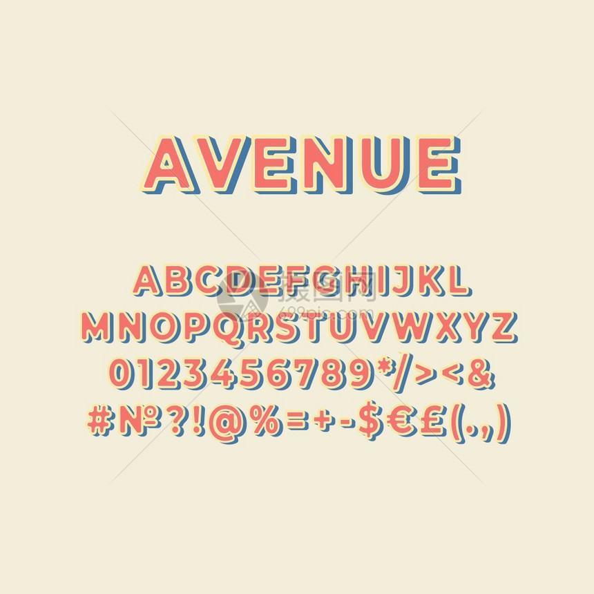 Avenuevintage3d矢量字母集Retro粗体字型Pop艺术平板化字母组旧学校风格字母数符号包90s8s创意类别设计模板图片