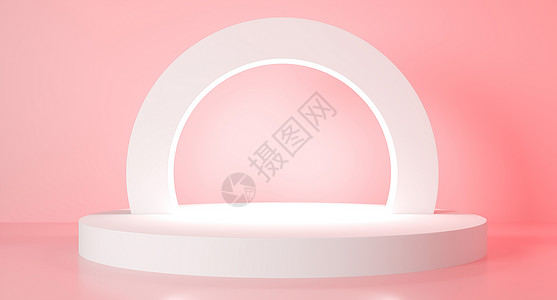 粉红色圆圈具有几何圆形的现代最小场景圆柱形讲台以软粉色背景场显示化妆品产Showcaseshopfrontshowcasecase3ddi背景