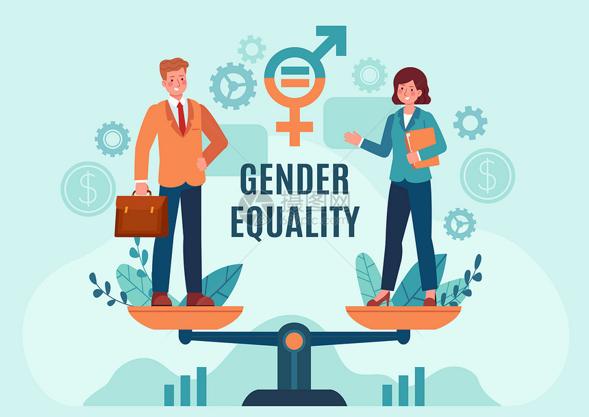 别平等男女雇员在均衡规模上站立公平就业机会和薪金平等矢量概念两平等职业机会说明两平等企业矢量概念图片