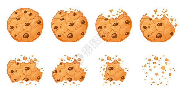 燕麦饼干巧克力饼干玉米土生长的棕色饼干面包屑打破了土生长的棕色饼干卡通烤圆巧克力饼干咬动画矢量套装说明动画消失的巧克力饼干碎屑面包土生长插画
