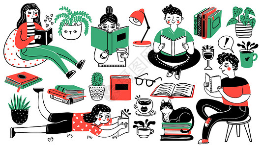书茶女人素材书籍和读者爱好者插画