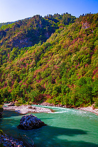 美丽的风景自然森林山和蓝河美丽自然的景色背图片