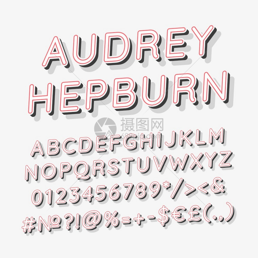 AudreyHepburnvintage3d矢量字母组Retro粗体字型Pop艺术平板字母组旧学校风格的字母数符号包90s8s创图片