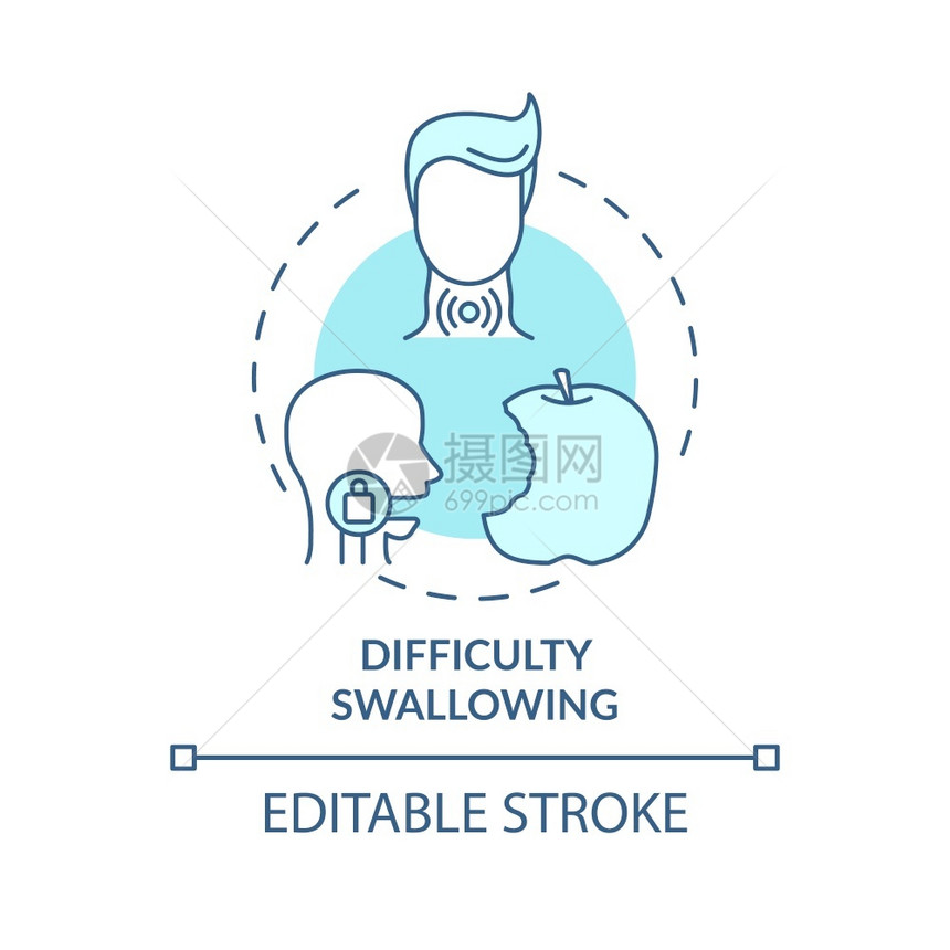 难以吞咽的概念图标喉咙症状痛苦短线插图Dysphapgia健康状况Tonsils炎症矢量孤立的大纲RGB颜色绘图可编辑中风难以吞图片
