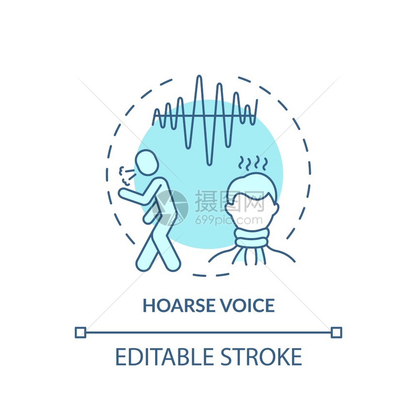 Hoarse语音概念图标喉咙症状疼痛细线插图Breathy振动音抽声喉咙裂阴道和粗糙矢量孤立的大纲RGB颜色绘图可编辑的中风粗声图片
