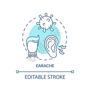 Earache概念图标喉咙复杂度低细线插图尖锐枯燥和燃烧的疼痛外部和中耳感染矢量孤立的大纲RGB颜色绘图可编辑的中风Earach插画
