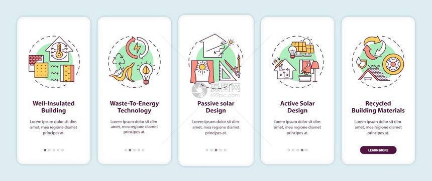 包含概念的移动应用程序页面屏幕上安装可持续结构绿色智能屋横穿5步图形指示带有RGB颜色插图的UI矢量模板带有概念的移动应用程序页图片