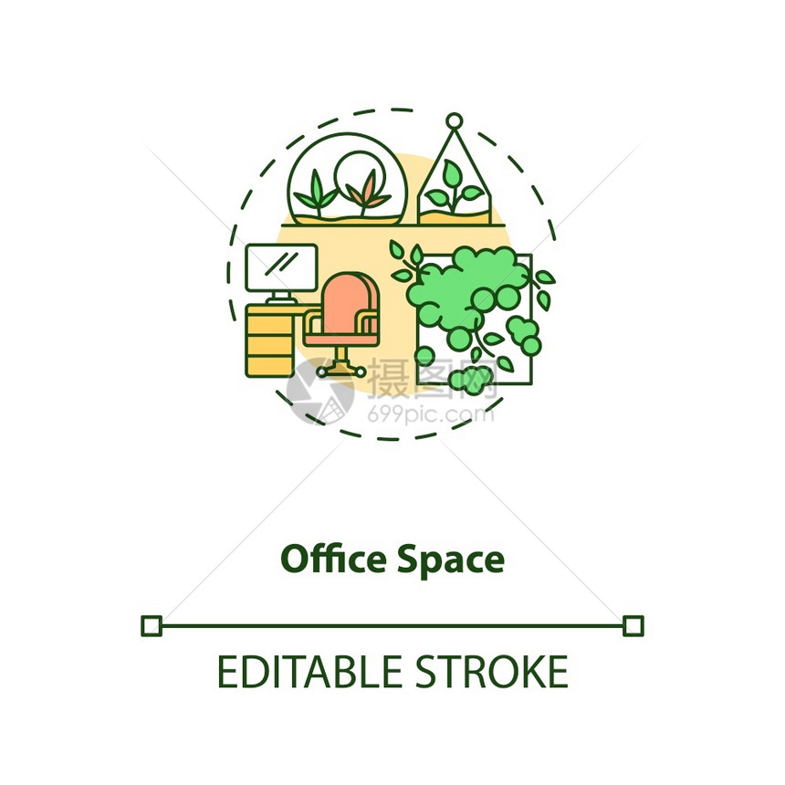 办公空间概念图标具有绿的工作场所促进心理健康的室内环境生物学理念细线插图矢量孤立大纲RGB彩色绘图可编辑中风办公室空间概念图标图片