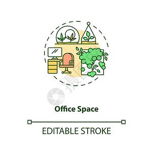 办公绘图办公空间概念图标具有绿的工作场所促进心理健康的室内环境生物学理念细线插图矢量孤立大纲RGB彩色绘图可编辑中风办公室空间概念图标插画