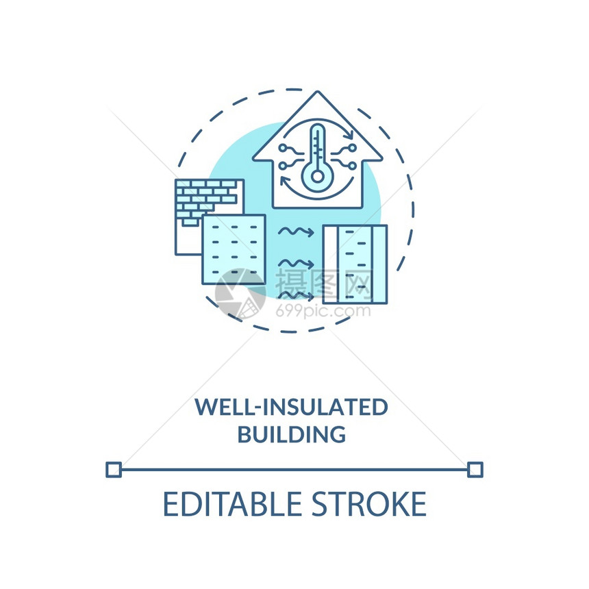 深层建筑蓝色概念图标房屋热控制现代建筑生物学概念细线插图矢量孤立大纲RGB颜色绘图可编辑中风绝热建筑蓝色概念图标图片