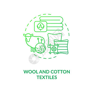 羊毛纱线Wool和棉花纺织品绿色概念图标天然材料家用内地的生态友好产品物哲学概念细线图解矢量孤立大纲RGB彩色图画插画