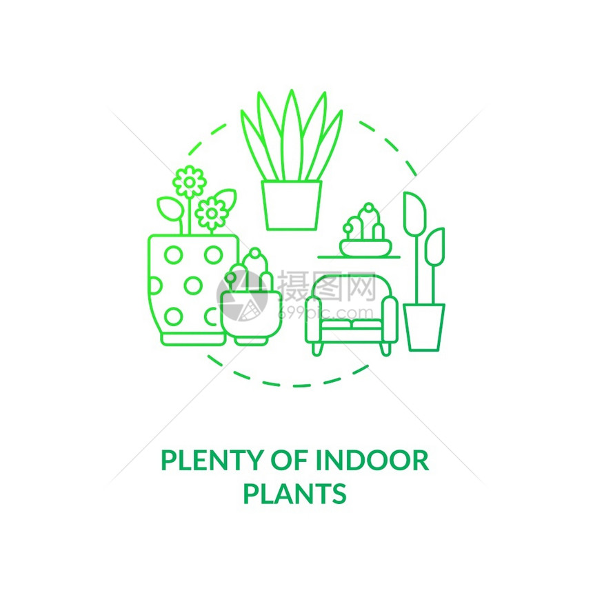 大量的室内植物绿色概念图标公寓园艺花卉室舒适的内生物学理念细线插图矢量孤立的大纲RGB色彩图画图片