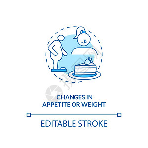 过度肥胖危害胃口和体重概念图标的变化SAD症状表示的细线插图过度饥饿精神和身体疾病矢量孤立的大纲RGB彩色绘图可编辑的中风胃口和体重概念图标插画