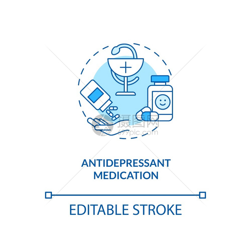 抗抑郁药物概念图标SAD治疗想法细线插图影响情绪和能量生命享受损失矢量孤立的大纲RGB彩色绘图可编辑的中风抗抑郁药物概念图标图片
