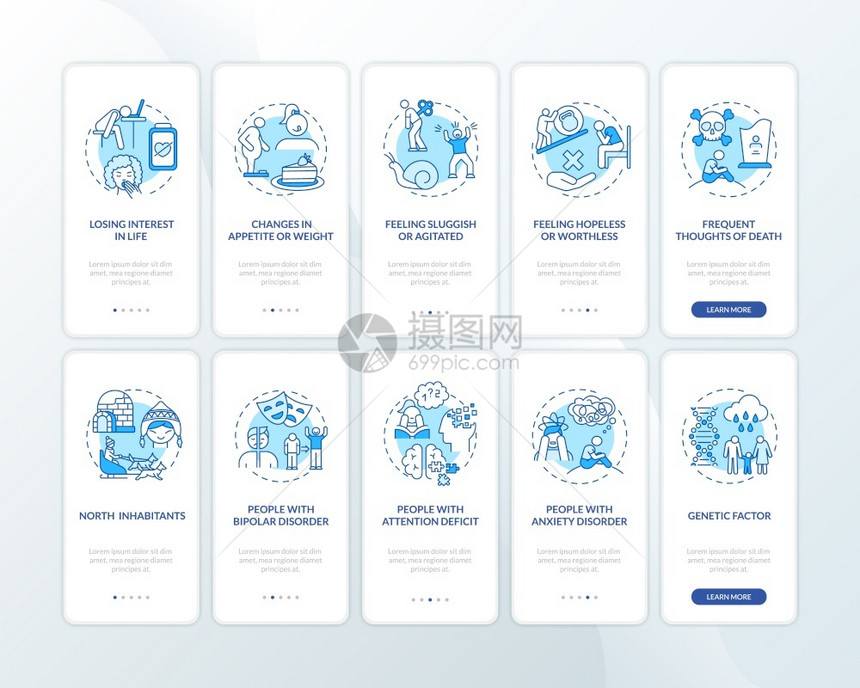 使用设置概念的移动应用程序页面屏幕上的冬季蓝色症状高风险群体通过5步图形指示带有RGB颜色插图的UI矢量模板使用设置概念的移动应图片