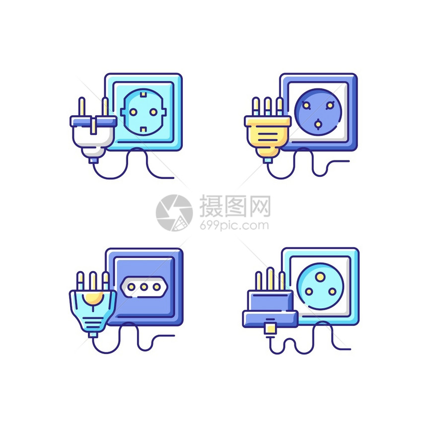 不同插座的RGB颜色图标设置电缆的气插件设置欧洲电源插件家庭能供应解除电线断开孤立的矢量插图不同套座的颜色图标设置图片