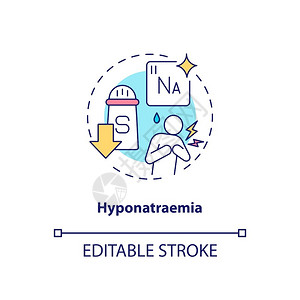 Hyponatraemia概念图标抗抑郁剂副效应概念的细线插图低钠浓度电磁心脏衰竭矢量孤立的大纲RGB颜色绘图可编辑的中风Hyp插画