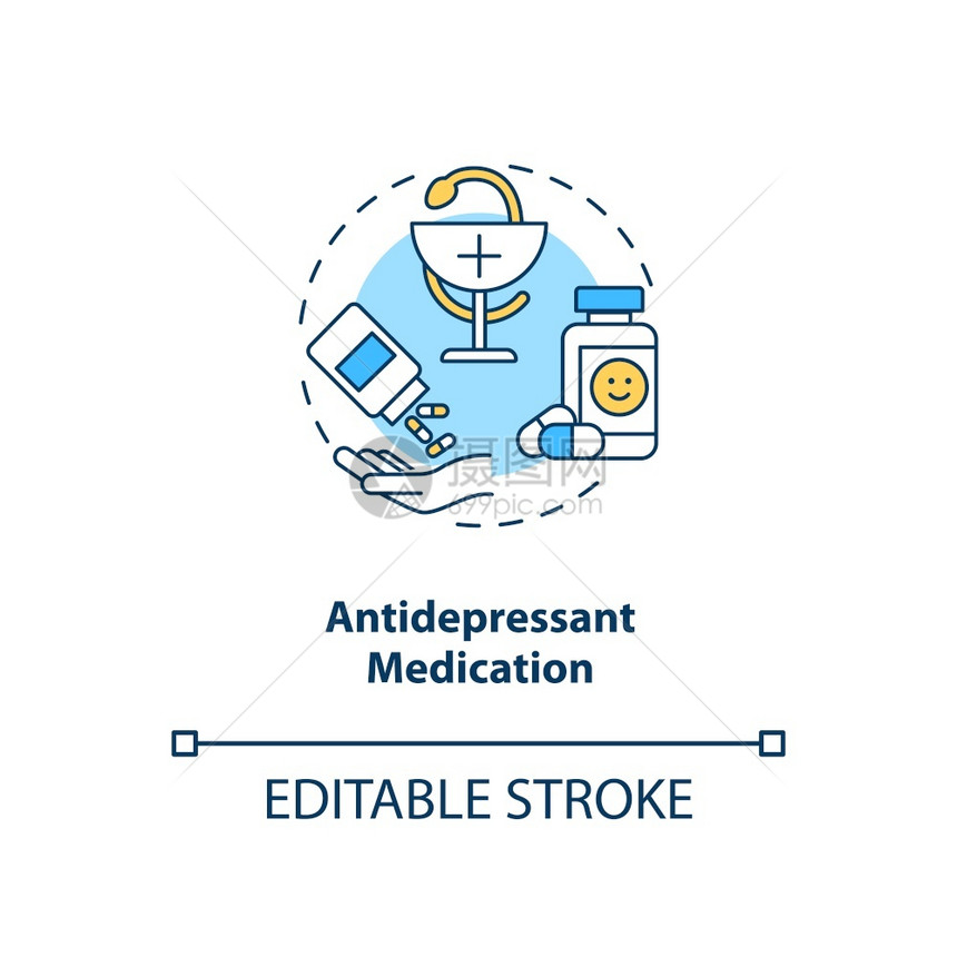抗抑郁药物概念图标SAD治疗理念细线插图慢疼痛状况能量和生命享受损失矢量孤立大纲RGB彩色绘图可编辑中风抗抑郁药物概念图标图片
