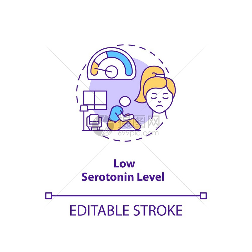 低血清tonin水平概念图标SAD导致思想薄线插图慢压力抑郁焦虑和睡眠问题矢量孤立的大纲RGB彩色绘图可编辑中风低血清素水平概念图片