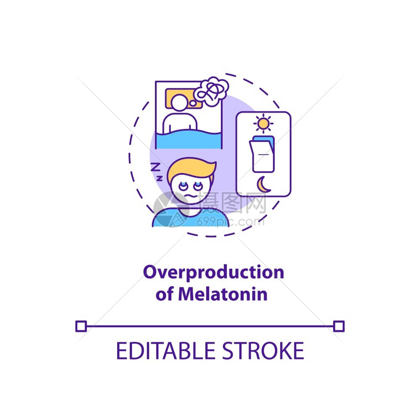 Melatonin超常生产概念图标SAD导致思想薄线插图Fatigue和抑郁症睡眠周期的变化矢量孤立的大纲RGB颜色绘图可编辑的图片