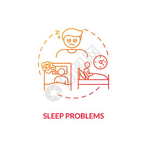 开夜床睡眠问题概念图标抗抑郁药副效应概念细线插图失眠恶梦减少体力过度睡眠矢量孤立的大纲RGB颜色绘图插画