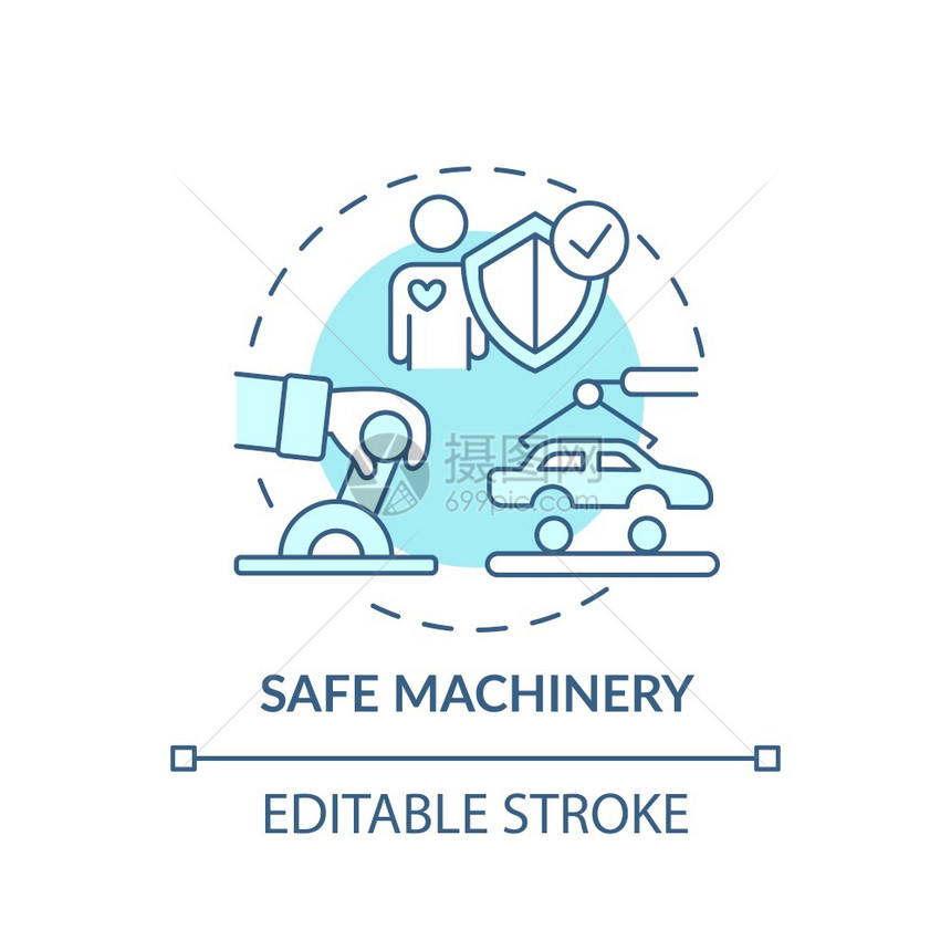 安全机械概念图标工作场所安全无危险仪器可能造成损害的微线图解过程矢量孤立大纲RGB彩色绘图可编辑中风图片