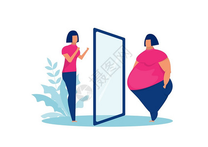 在概念矢量之前和后看着镜像的胖女人都能够反射高清图片