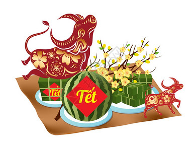 201年的新牛煮了方大米蛋糕和花朵越南新年翻译TetLunar新年图片