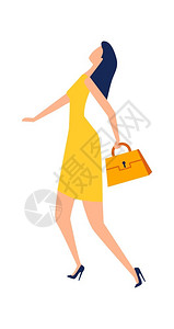 身着黄色裙子手上拿着袋的女匆忙上班卡通矢量插图平面标图片