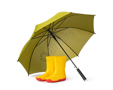 雨靴黄色白色背景的绿雨伞和口香糖绿色雨伞和口香糖背景