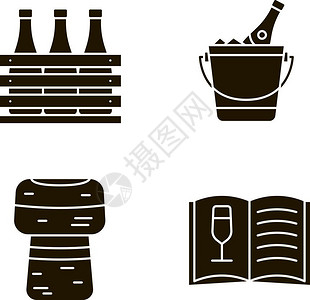 葡萄酒单酒巴葡萄啤箱香槟桶软木葡萄酒菜单硅色符号矢量单插图插画