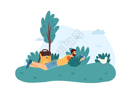 男摄影师躺在灌木丛中拍摄鸟的照片矢量插画图片