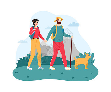 夫妇男女青年与狗一起旅行的徒步旅行图片