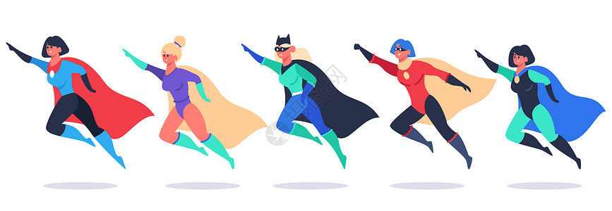 超级人超级英雄女神奇人物超级英雄挥舞斗篷服装的超级女孩强大的超级英雄矢量插图戴着面具和斗篷的美丽英雄飞行插画